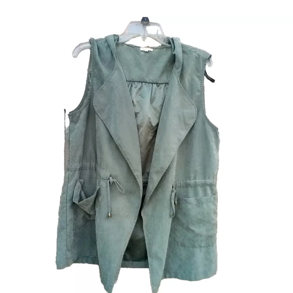 May & July Jacket Womens Size M Olive Green Open Sleeveless Hoodie Jacket